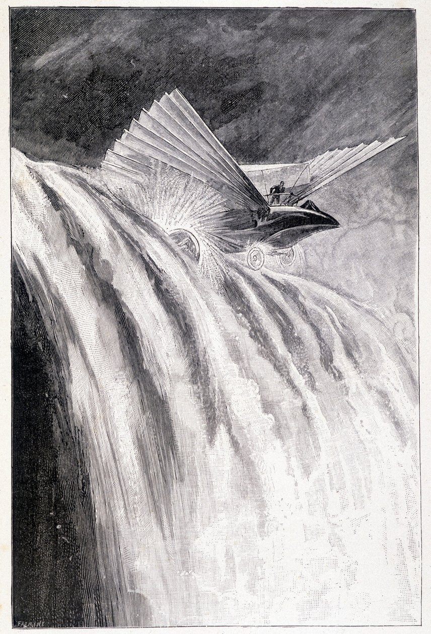 Siivekäs ajoneuvo ylittää vesiputouksen, sairas. "" Maailman mestari", Jules Verne, 1800-luvun loppu. tekijältä Unknown artist