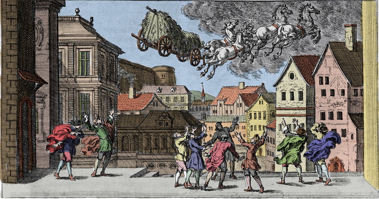 Noituus ja uskomukset: skandinaavinen taikuri, joka provosoi niin voimakkaan tempetin, että tämä nostaa hevosen ja hänen kärrynsä heinällä. Kaiverrus Johann Zahnin (1631-1707) "Mundi Mirabilis Oeconomiasta" tekijältä Unknown artist
