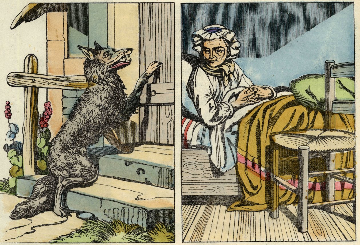 Susi koputtaa isoäidin ovelle. Kuvitus Charles Perraultin tarinasta "Punahilkka". tekijältä Unknown artist