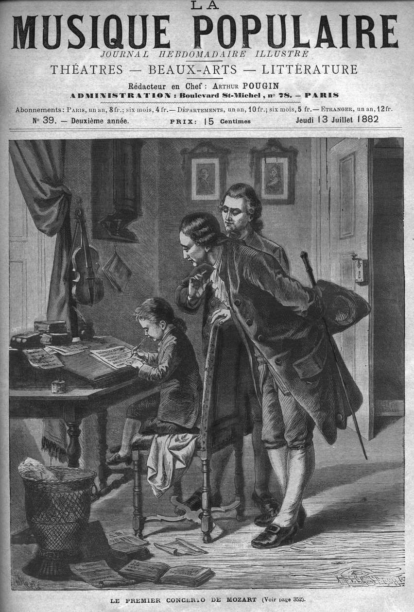 Wolfang Amadeus Mozart kirjoittaa konserton cembalolle isänsä Leopoldin ja Andreas Schachtnerin läsnä ollessa vuonna 1762 - kaiverrus "" Popular Music"" -kuvitettuun viikkolehteen - 1882 tekijältä Unknown artist
