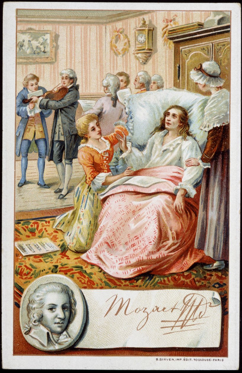 Wolfgang Amadeus Mozart (1756-1791) elämänsä viimeisinä päivinä. 1800-luvun kromolitografia tekijältä Unknown artist