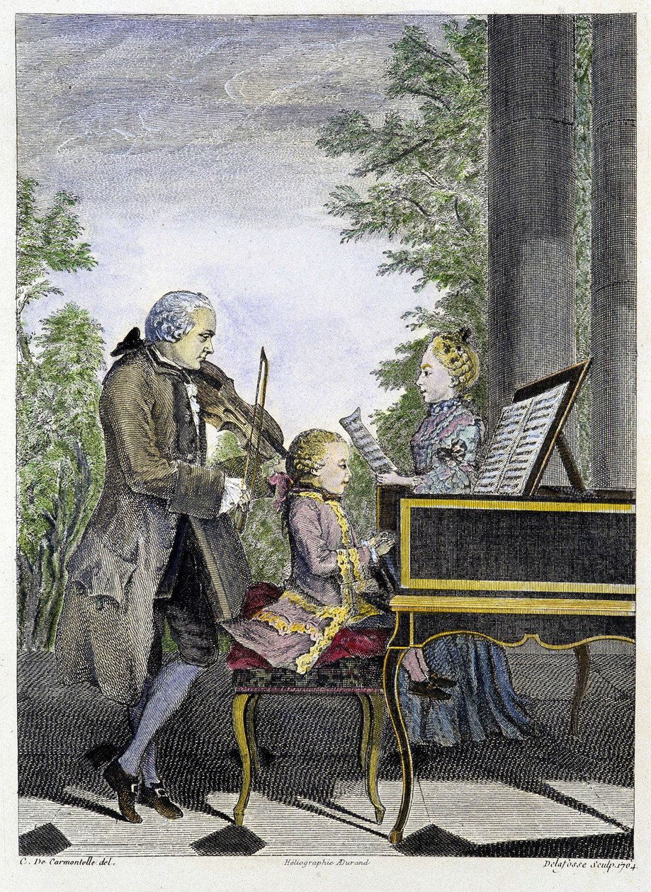 Wolfgang Amadeus Mozart lapsi pianolla isänsä Leopold viulussa ja sisarensa Marianne laulamassa - kaiverrus ympäröimänä tekijältä Unknown artist