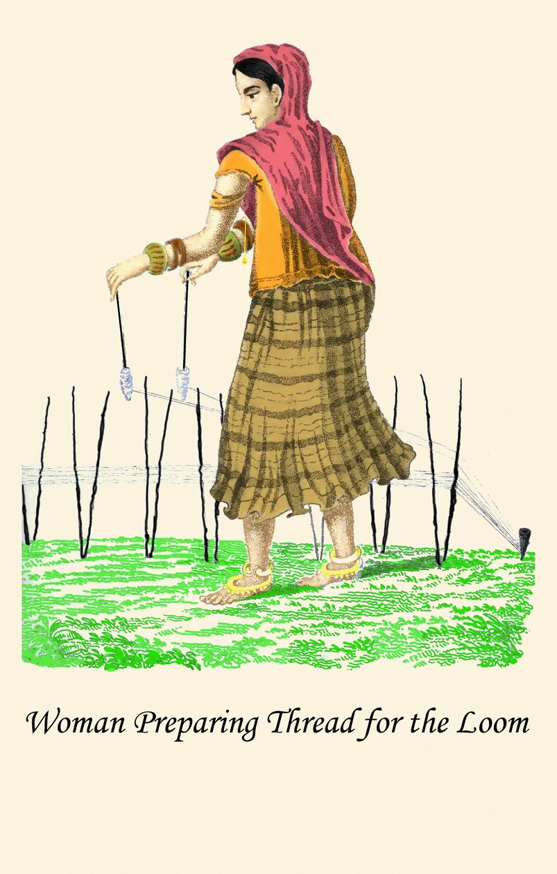 Nainen valmistelee lankaa kangaspuuhun tekijältä Unknown Artist