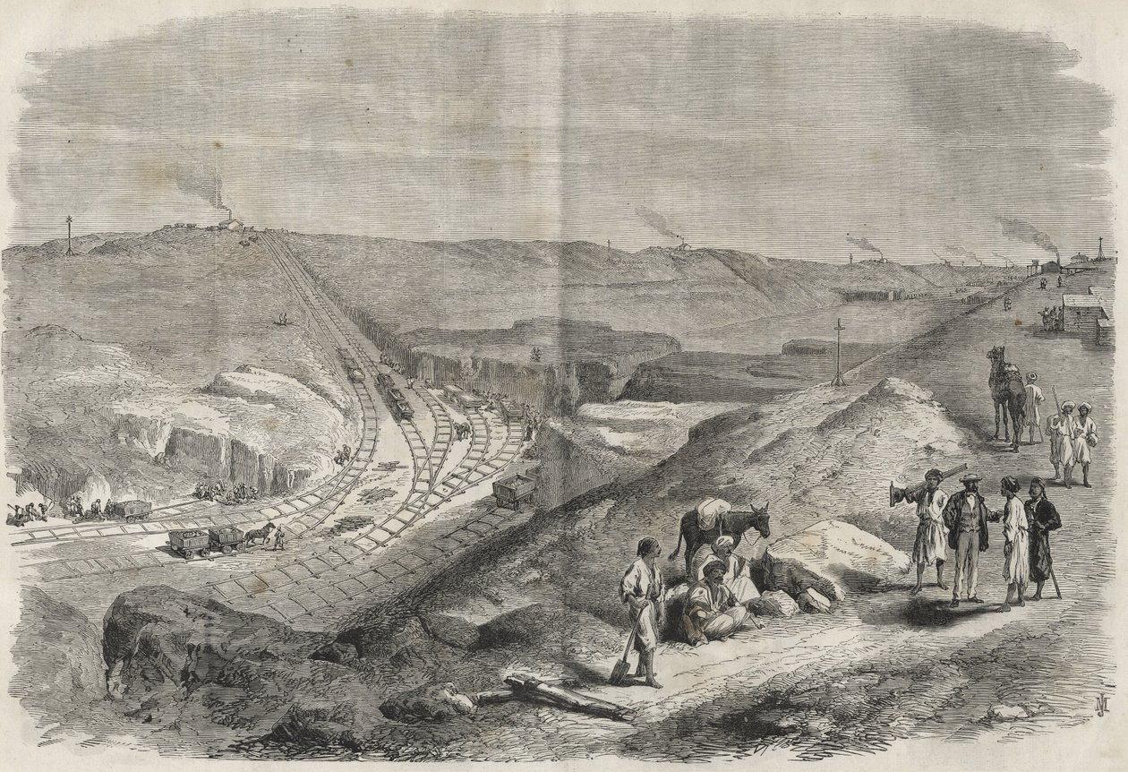 Työ Suezin kanavalla 1864 - Rakennustyömaa ja poraustyöt Suezin kanavalla vuonna 1864 (Chaluf Tranchee) - tekijältä Unknown artist