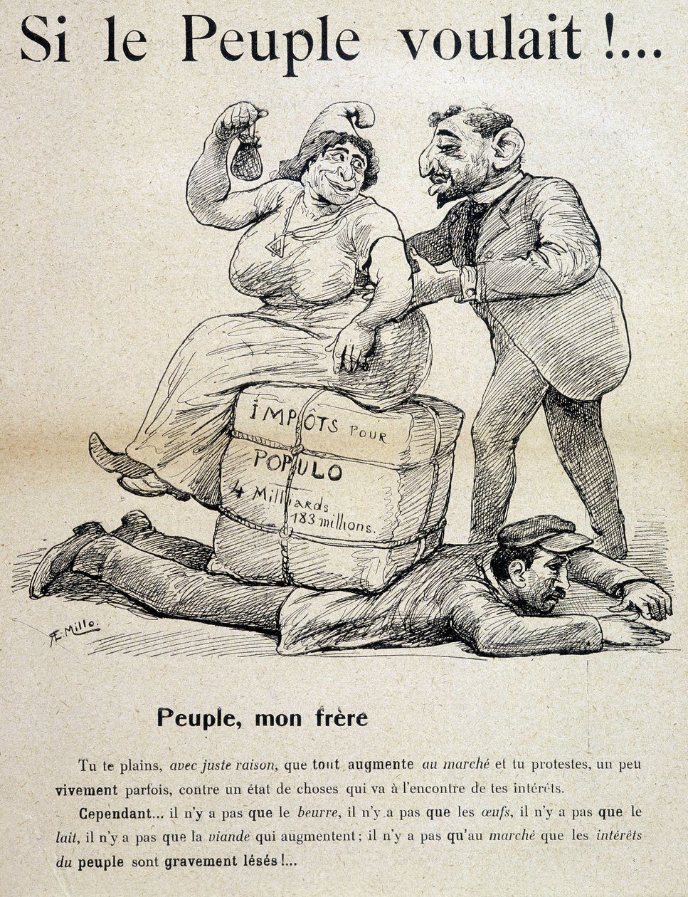 Työntekijä murskattu "verot väestölle" - sarjakuva, 1800-luvun loppu tekijältä Unknown artist