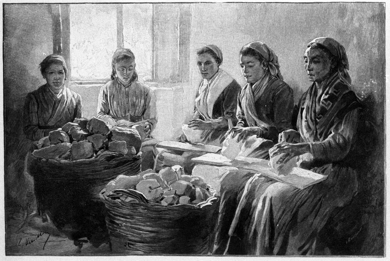 Työntekijät karsimassa hohkakiveä Lipari Sisilia 1800-luvun kaiverrus tekijältä Unknown artist
