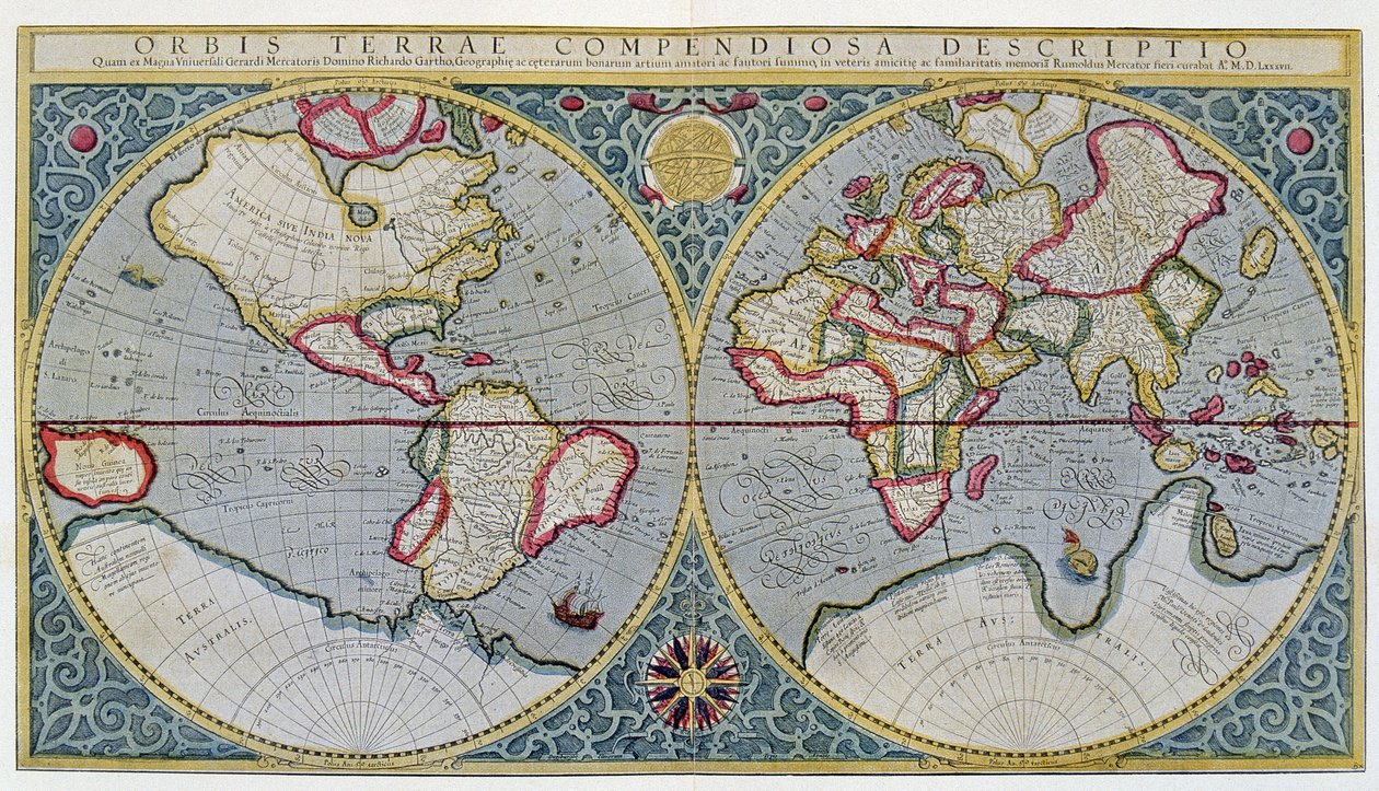 Mercatorin maailmankartta (1587) - "Gerard Mercatorin atlas tai kosmografiset meditaatiot maailman kankaasta ja kankaan muodosta" jälkeen, Amsterdam tekijältä Unknown artist