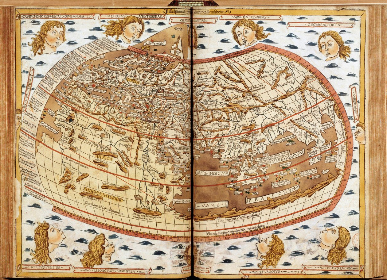 Claude Ptolemaioksen maailmankartta. Ilmaa puhaltavat ihmispäät edustavat eri tuulia (niiden nimet on merkitty). Kirjassa "Latinalainen maantiede". Siunatuimmalle isä Paavali II Suurelle paaville. Donis Nicholas”. Paavi Paavali II:lle omistettu maantieteen tekijältä Unknown artist