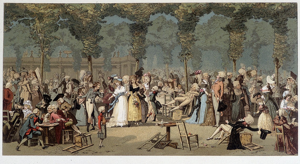 Maailmankävely kuninkaanlinnan puutarhojen läpi, 1700-luvun lopulla - kromo Debucourtin kaiverruksen jälkeen tekijältä Unknown artist