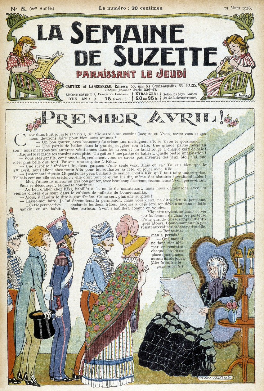 Nuoret vierailevat iäkkään naisen luona. Maaliskuun 1926 "La semaine de Suzette" -lehden kansikuva. tekijältä Unknown Artist