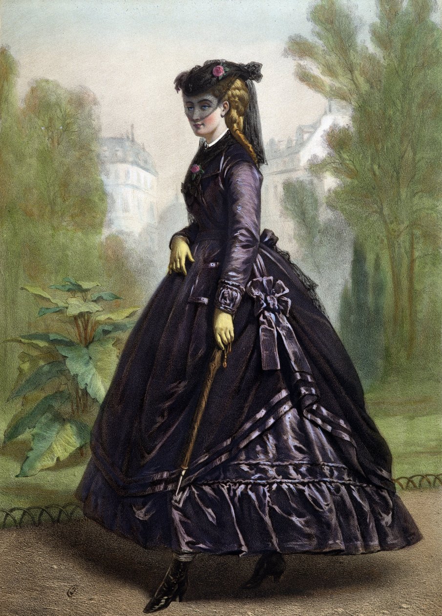 Nuori nainen tiukoissa ja tummissa vaatteissa (leski) - litografia, 1800-luvun puoliväli tekijältä Unknown artist