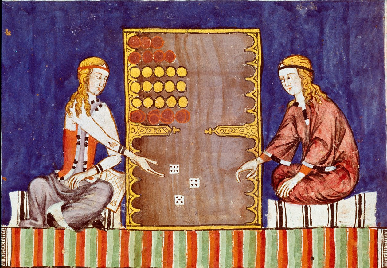 Nuoret naiset soittamassa tric tracia (tri-trac), Backgammonin esi-isä - Miniatyyri Alphonse X Viisaan tai Savantin käsikirjoituksesta "Libro de los juegos" (espanjaksi Alfonso X el Sabio tekijältä Unknown artist