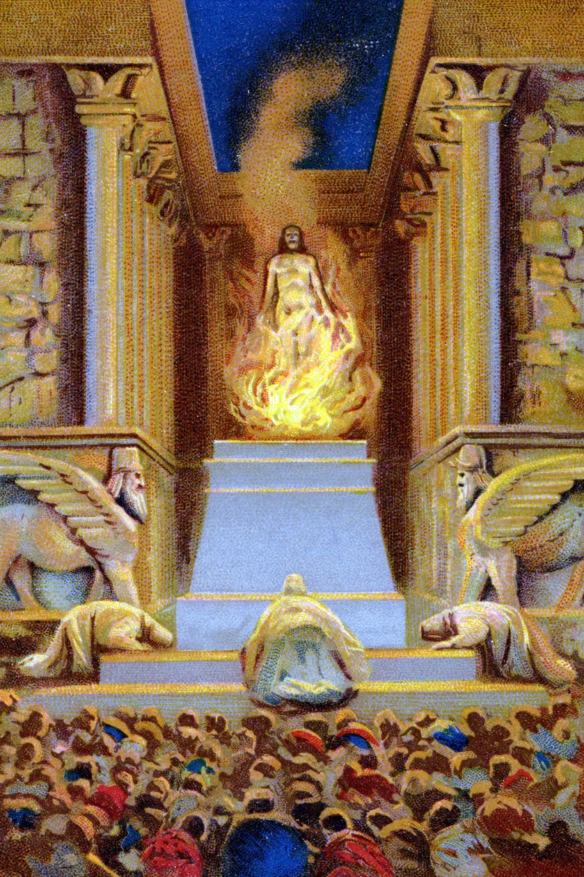 Zarathustra (Zarathustra, Zarathushtra, Zarathustra tai Zoroaster) kuoli liekin ympäröimässä temppelissä. Kromolitografia 1800-luvulta. tekijältä Unknown artist