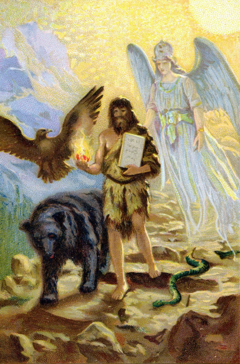 Zarathustra (Zarathustra, Zarathushtra, Zarathustra tai Zoroastra), arkkienkelin ohjaamana ja eläinten seurassa, jotka pitivät häntä kumppanina hänen vetäytyessään vuorelle, laskeutuu ihmisten väliin kantamaan Ahura Mazdan vastaanottamia lakitauluja tekijältä Unknown artist