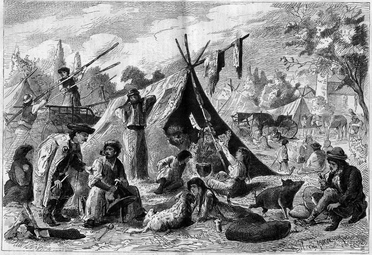 Zingari-leiri (boheemi leiri) Wienin esikaupunkialueella Itävallassa vuonna 1873. tekijältä Unknown artist