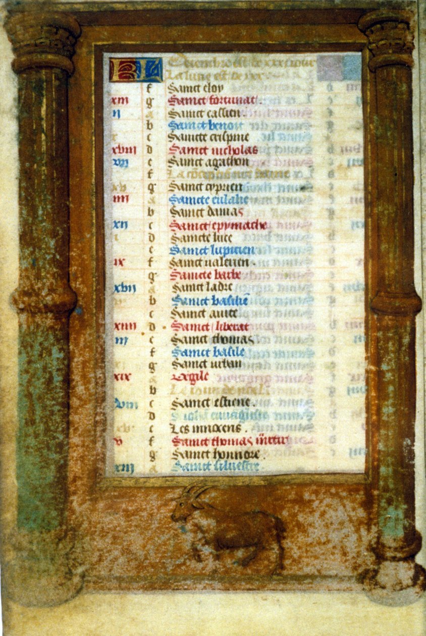 Zodiac Kauris ja joulukuun pyhät - miniatyyri keskiaika (viite: 135, 006v): Lupapyyntö Toulousen kaupunginkirjastolle (puh: 05 62 27 66 66) tekijältä Unknown artist