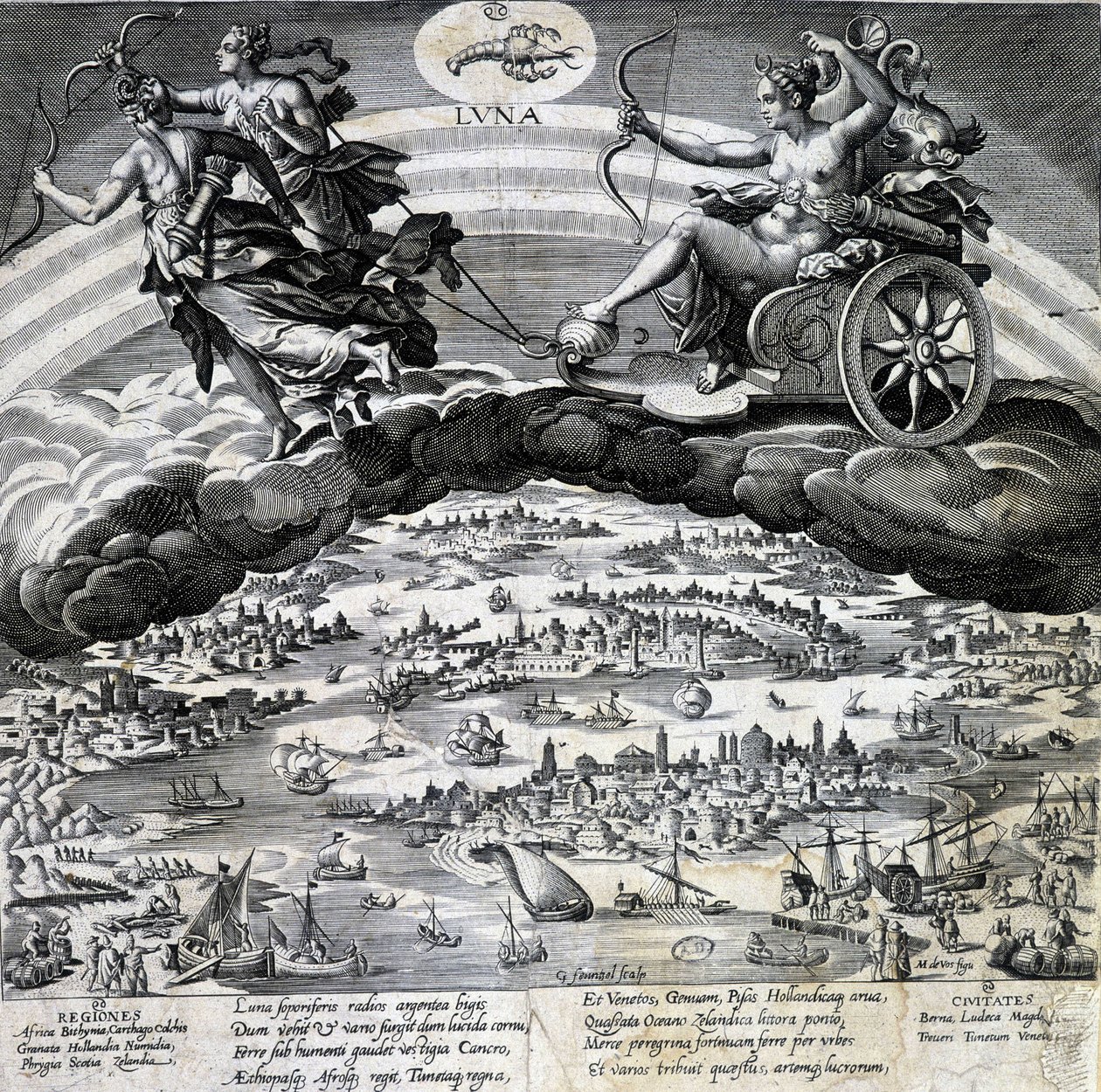 Horoskooppimerkki Syöpä. Kuu, esitys Semeleen tankista. Kaiverrus 1800-luvulta. tekijältä Unknown artist