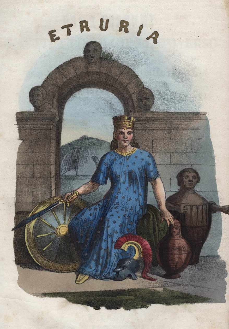 Allegoria Etruriasta - kaiverrus kirjasta "Universumin kaikkien kansojen käyttö ja tavat". Eli kaikkien kansojen hallituksen, lakien, miliisin, uskonnon historia kaukaisimmista ajoista nykypäivään "1856 tekijältä Unknown artist
