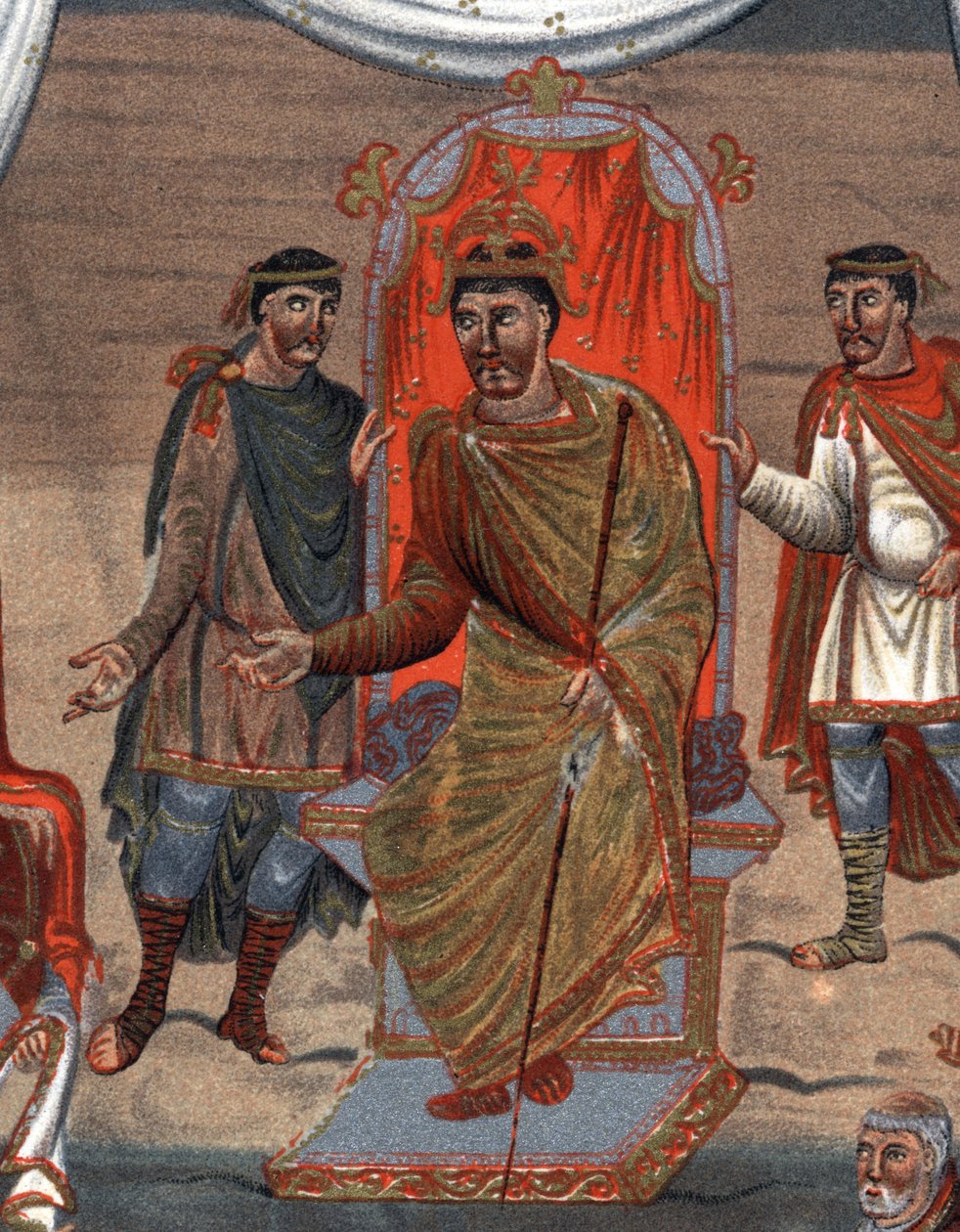 yksityiskohdat: Kaarle II Kalju (823 - 877), Ranskan kuningas, joka vastaanottaa munkkien valtuuskunnan Toursista.Fac-Simile 1800-luvun kromolitografiassa 1800-luvun pienoismallin jälkeen, joka on säilytetty B.N. Pariisista. tekijältä Unknown artist