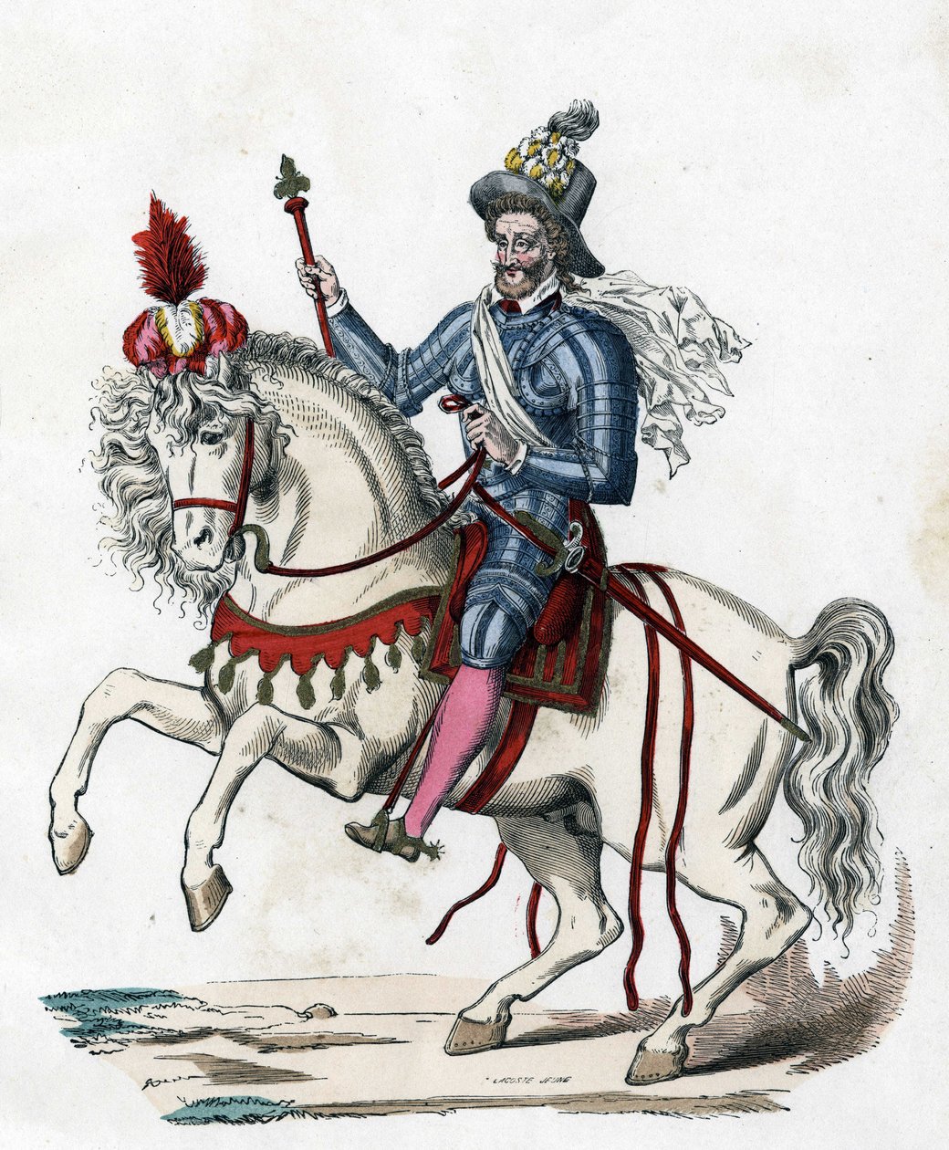 Ranskan kuninkaan Henri IV:n ratsastusmuotokuva vuonna 1596 (1553-1610) - "" Ranskalaisten siviili- ja sotilasasut vuosisatojen ajan Paris F. Roy 1882". tekijältä Unknown artist