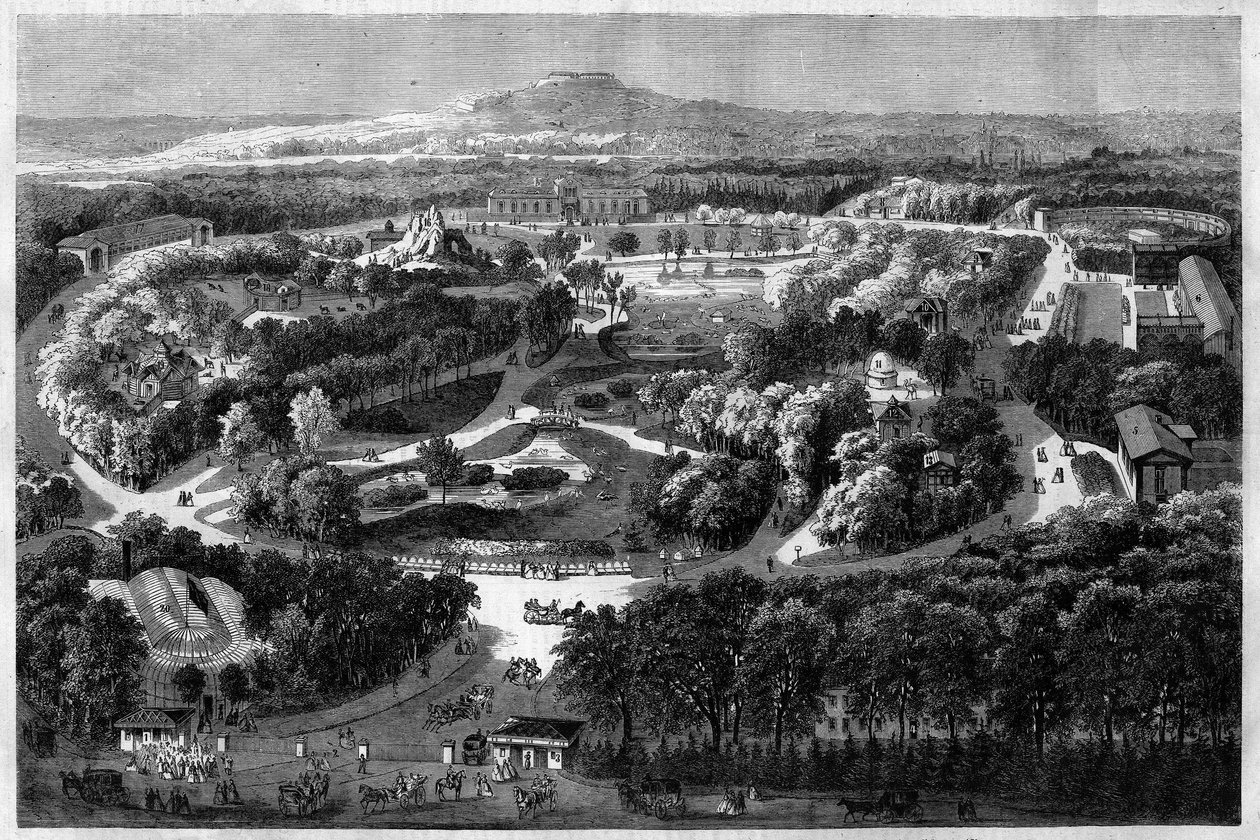 yleiskuva Napoleon III:n vuonna 1860 tarjoamasta ja vihkiämästä Bois de Boulognen sopeutumispuutarhasta, jossa yhdistyvät luonto, rehevä kasvisto ja eksoottiset eläimet "" l