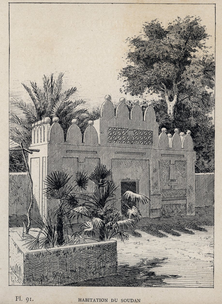 habitation du Sudan (Sudan) - kaiverrus vuodelta 1889 Charles GARNIERin julkaisussa "Ihmisasumisen historia vuoden 1889 yleisnäyttelyssä - Librairie centrale des beaux-arts Paris 1889" tekijältä Unknown artist