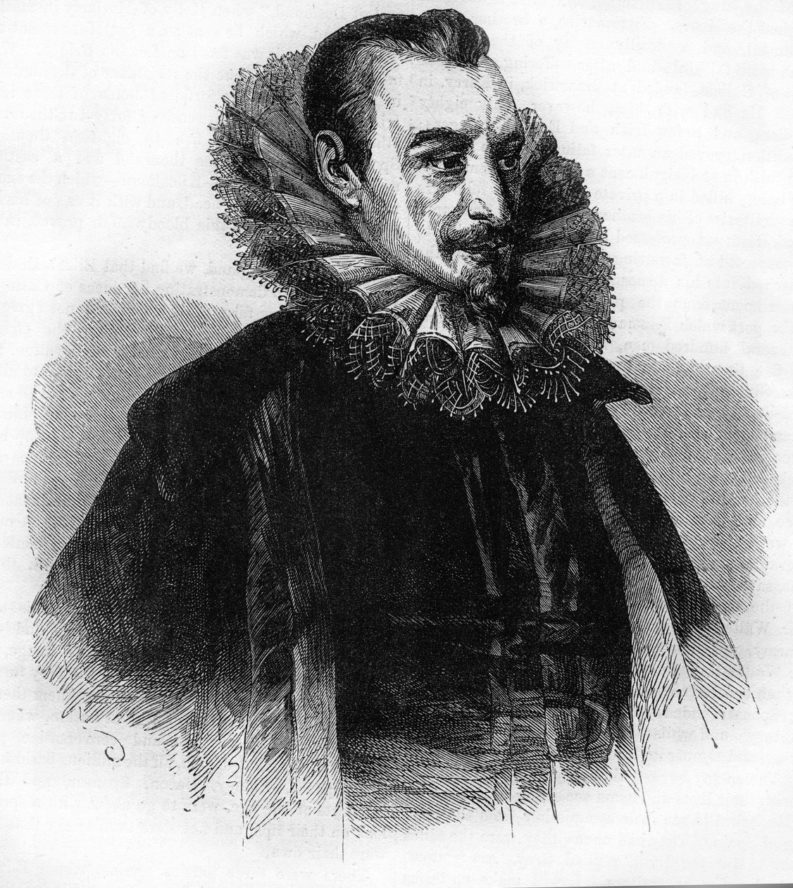 Edmund Spenserin muotokuva. Englantilainen runoilija (1552-1599).kaiverrus William Howittin "Englannin historian" mukaan. tekijältä Unknown artist
