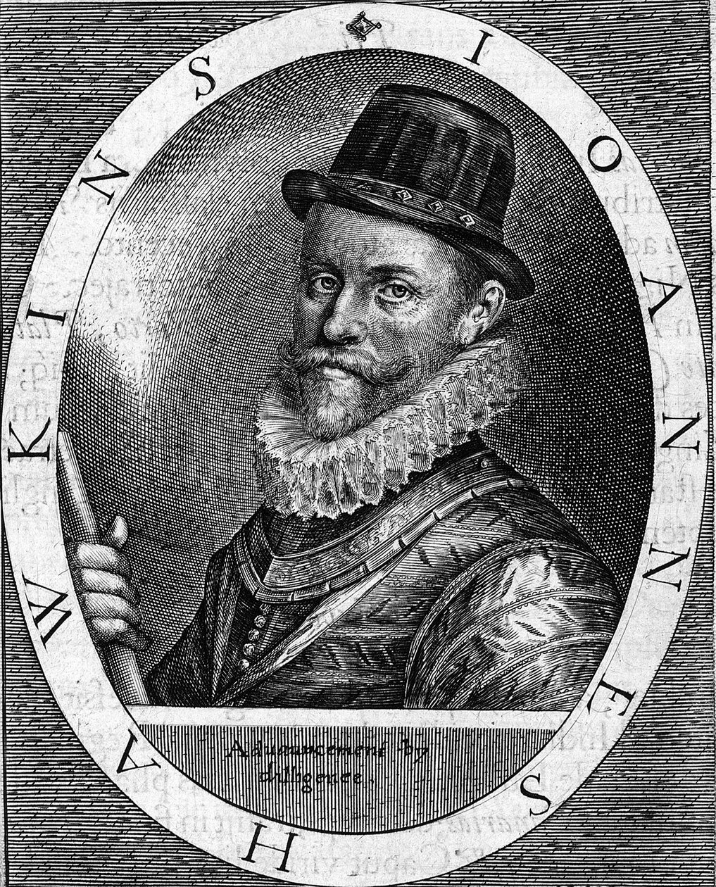muotokuva Sir John Hawkinsista (Hawkyns) Englannin amiraalista (1532-1595), joka tunnetaan ensimmäisenä mustalla kauppaa käyneestä, hän teki useita matkoja Lontoon kauppiaiden rahoittamana Afrikan ja Amerikan välillä. Kaiverrus vuodelta 1620. tekijältä Unknown artist