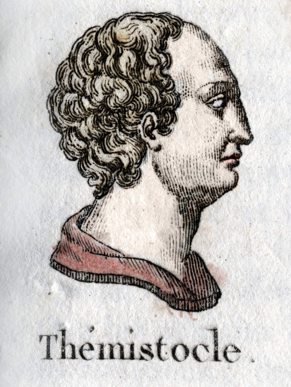 Themistoklêsin muotokuva. kreikaksi Themistoklêsin valtiomies ja ateenalainen kenraali (jaeet 525 eKr. - 460 eKr.) Kaiverrus vuodelta 1822. tekijältä Unknown artist