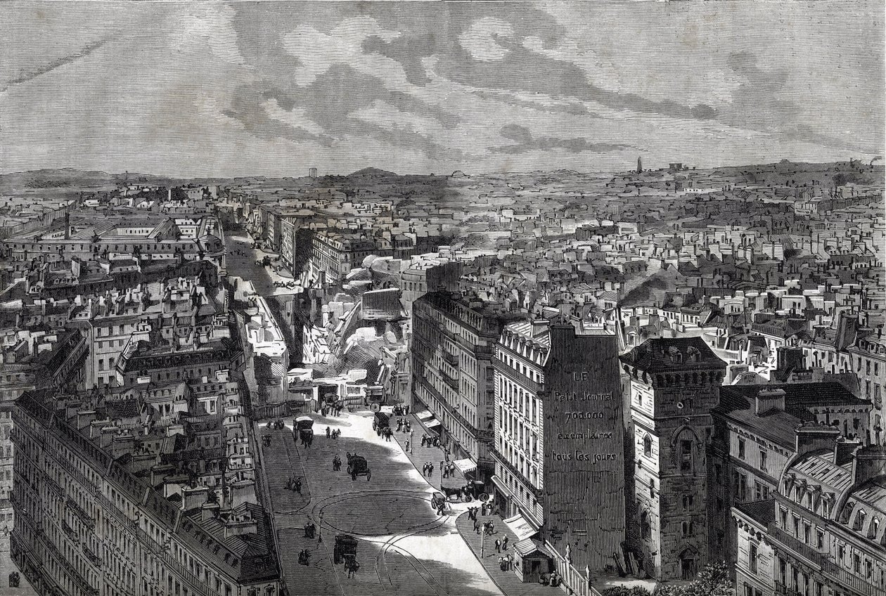 Haussmanin suuret teokset - Pariisin transformaatiot toisen imperiumin alaisuudessa, Paris Haussmannien (Boulevard, Haussmannien teokset) - Le piercing de rue Etienne Marcel - rue Turbigosta Place des Victoires -kaiverrus "Le journal illustrious" -kirjaan  tekijältä Unknown artist