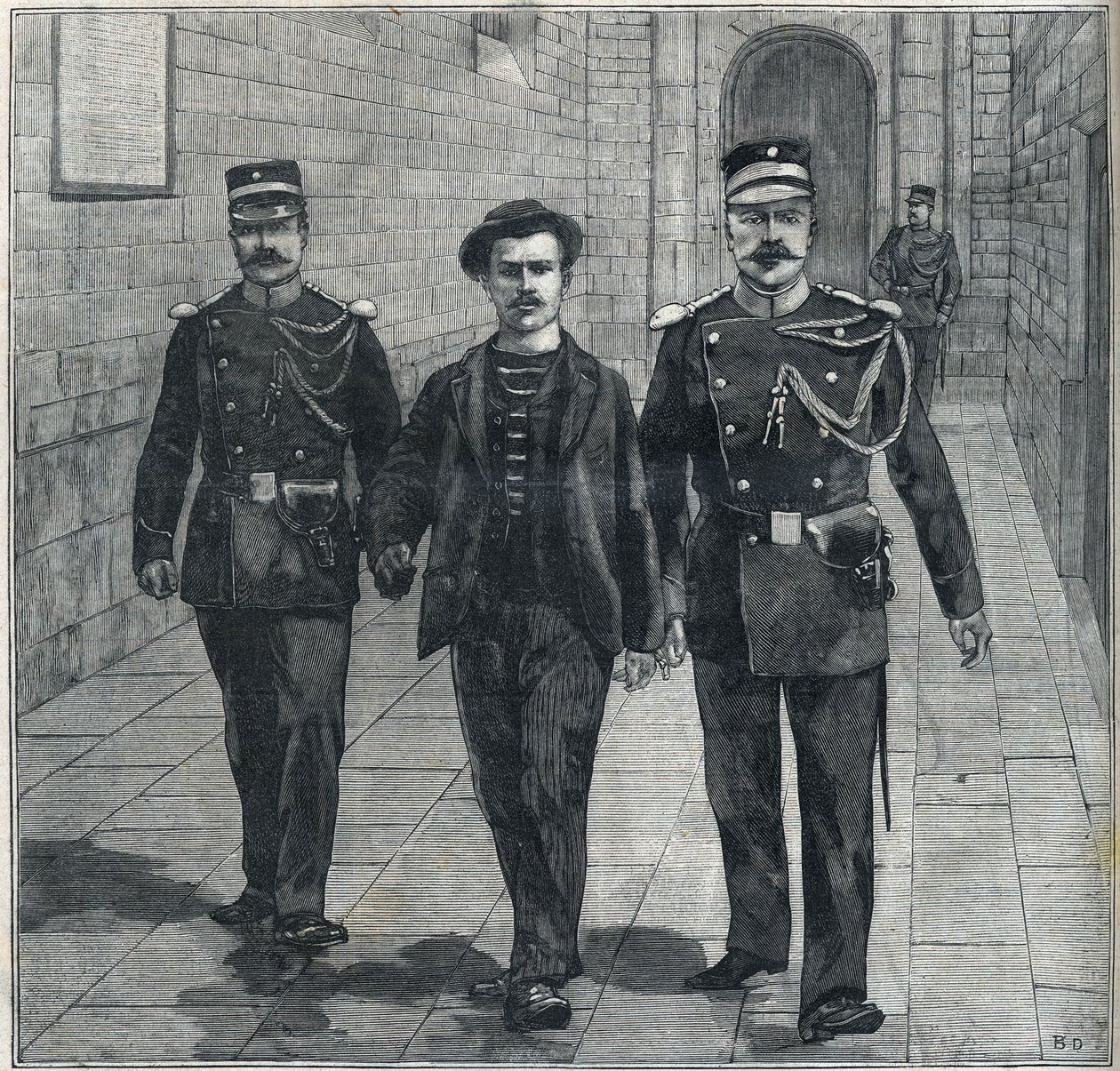 italialainen anarkisti Luigi Luccheni (Lucheni) Itävallan impress Elizabethin (Sissi) salamurhaaja tuotiin yhteisöjen tuomioistuimeen vuonna 1898. tekijältä Unknown artist