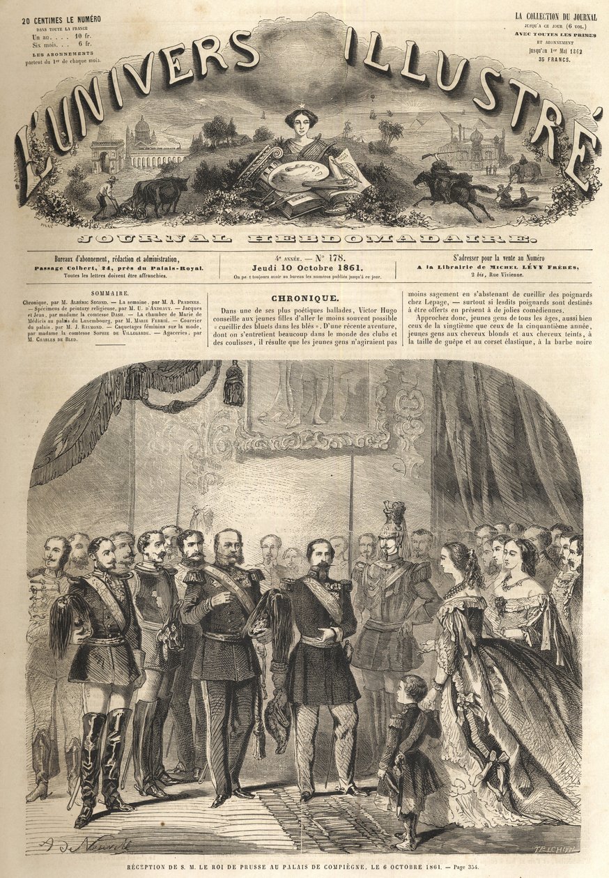 Preussin kuninkaan Williamin vierailu Ranskan keisarin Napoleon III:n luo Compiegnessa, Ranskassa 1861 - Preussin Vilhelm I:n (1797-1888) vierailu Compiegnessa en Napoleon III:n läsnäolo - Kaiverrus "" Maineikas universumi” tekijältä Unknown artist