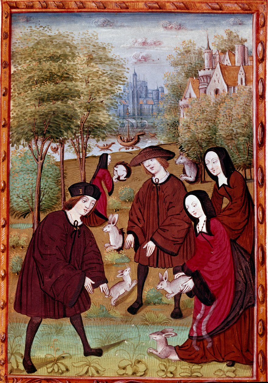 nuoret leikkivät kanien kanssa Miniatyyri elokuvasta "" Histoire de Jean III de Brush ja hänen vaimonsa Louise de Laval" (s. 1475) Chantilly, Musee Conde tekijältä Unknown artist