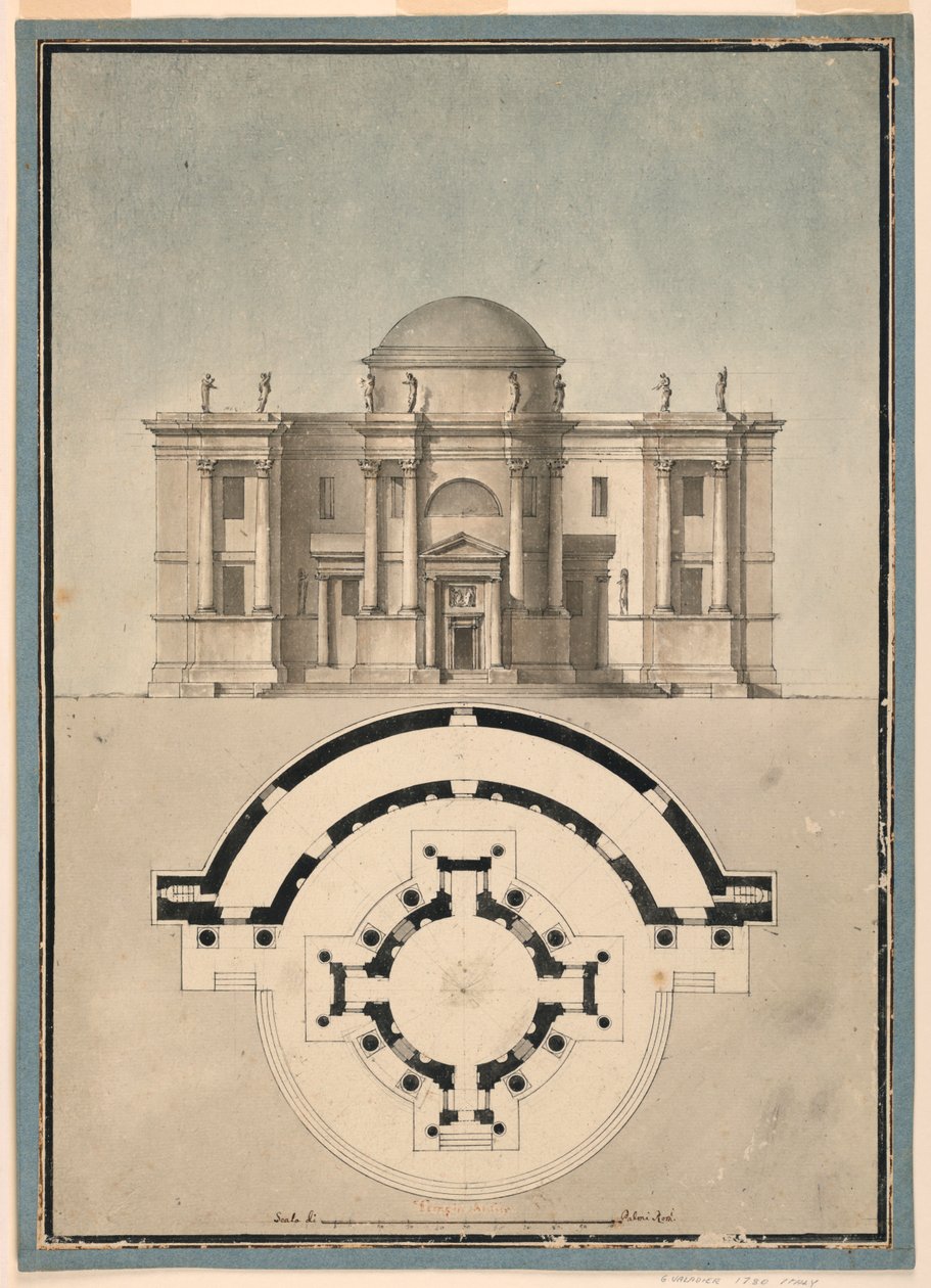Suunnittelu klassiselle temppelille, jossa on tempietto ja puolipyöreä aedicule tekijältä Unknown, Italian