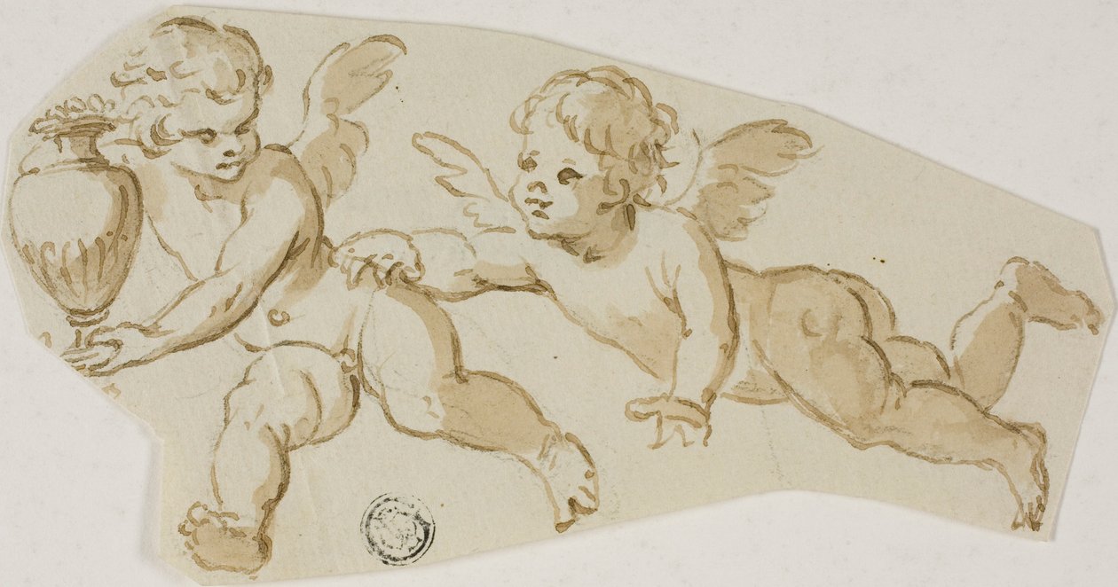 Putto jahtaa toista puttoa, joka kantaa maljakkoa tekijältä Unknown Italian