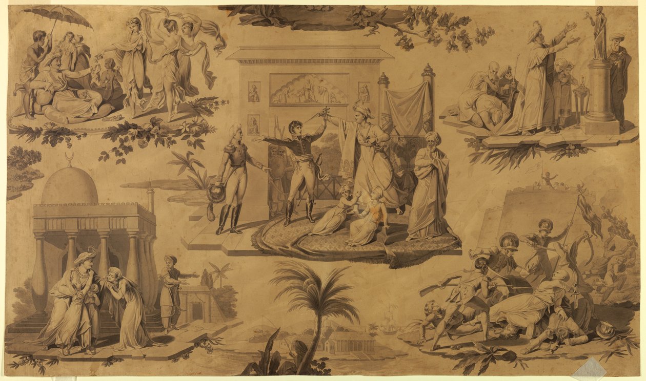 Piirros, pilapiirros painettua puuvillatekstiiliä varten: Ranskalaiset Egyptissä [Les Francais en Egypte], n. 1815. tekijältä Unknown artistUnknown artist