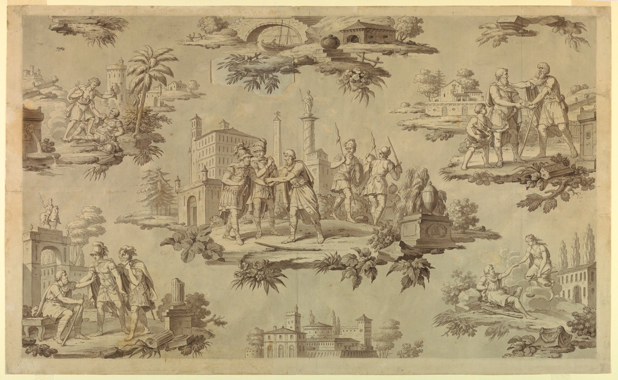 Piirustus, sarjakuva puuvillapainatusta varten: Belisairen elämä [La Vie de Bélisaire], n. 1820. tekijältä Unknown artistUnknown artist