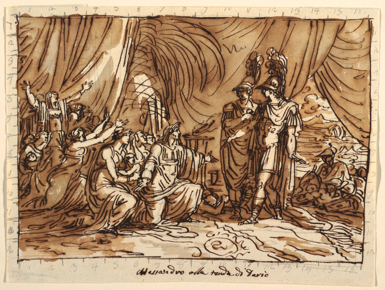 Piirustus, kattosuunnittelu, Aleksanteri ja Dareioksen perhe, Aleksanterin armollisuus, Sala di Alessandro, Palazzo Naldi, Faenza, 1803. tekijältä Unknown artistUnknown artist