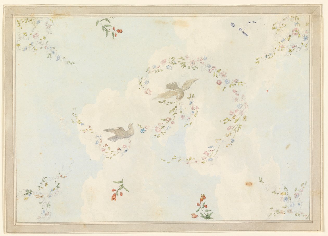 Piirustus, kattokuvio, jossa on kyyhkysiä ja kukkaseppeleitä, mahdollisesti sisääntuloaulaa varten, 1815-22. tekijältä Unknown artistUnknown artist