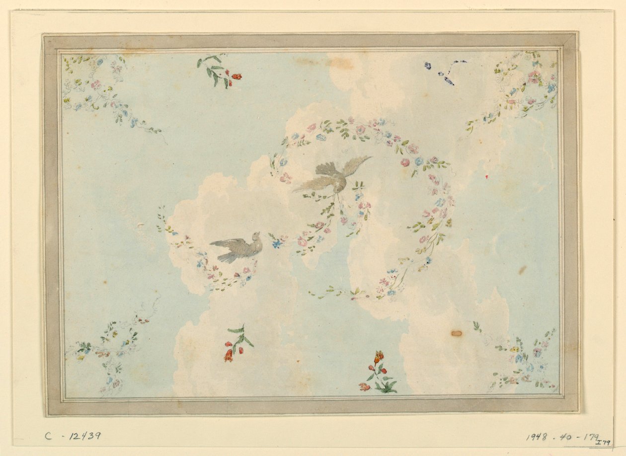 Piirustus, kattokuvio, jossa on kyyhkysiä ja kukkaseppeleitä, mahdollisesti sisääntuloaulaa varten, 1815-22. tekijältä Unknown artistUnknown artist