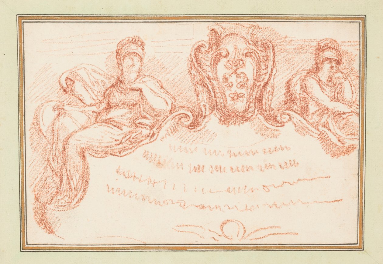 Piirustus, Katto, jossa kaksi istuvaa hahmoa ja lippalakki, n. 1759-70. tekijältä Unknown artistUnknown artist