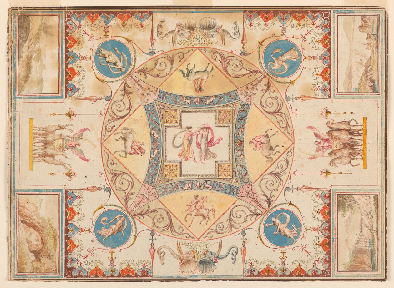 Piirros, Hadrianuksen huvilan katto, jossa on nymfejä, kentaureja, hirviä ja norsuja, n. 1785. tekijältä Unknown artistUnknown artist