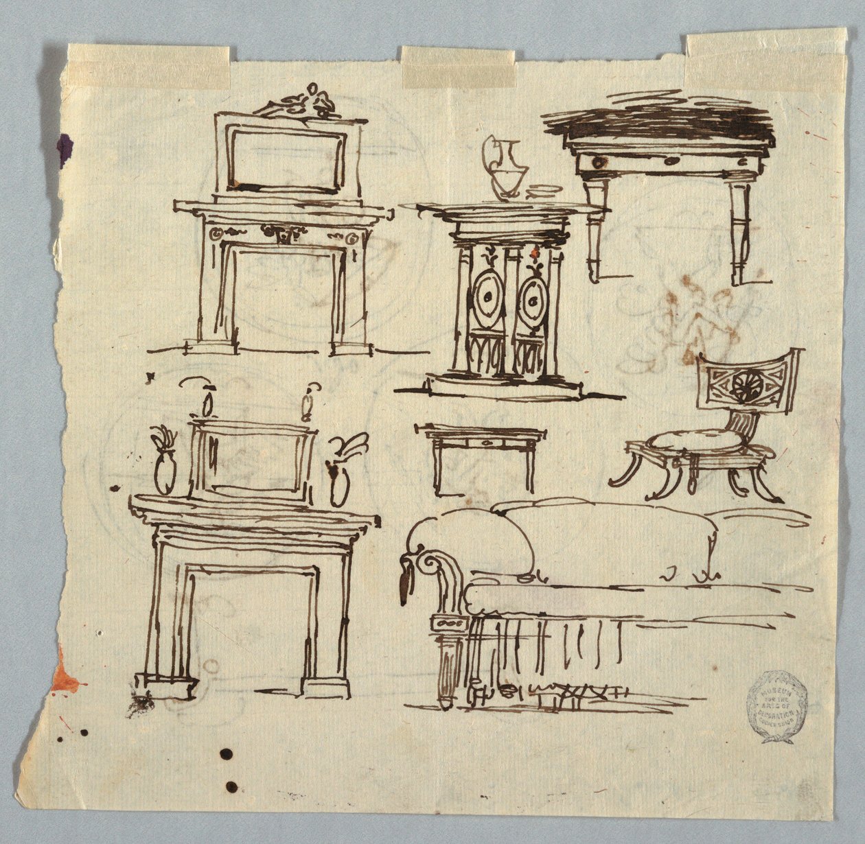 Piirustus, savupiipun palat, huonekalut ja kattomitali, 1790-1810 tekijältä Unknown artistUnknown artist