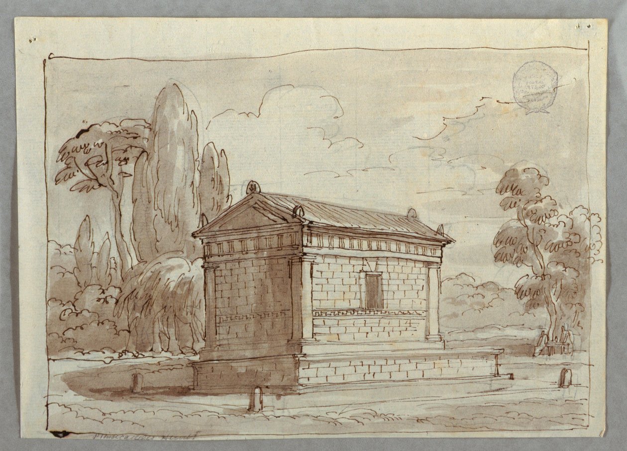 Piirustus, Klassinen temppeli maisemassa, n. 1805. tekijältä Unknown artistUnknown artist