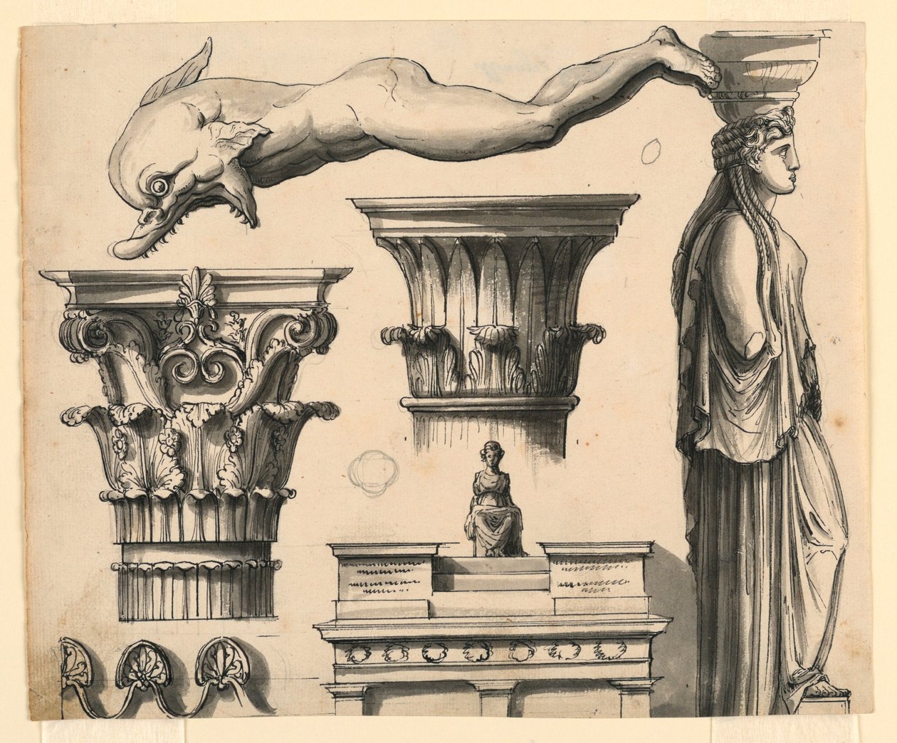 Piirustus, Klassisia ja pseudoklassisia arkkitehtonisia yksityiskohtia, n. 1840. tekijältä Unknown artistUnknown artist