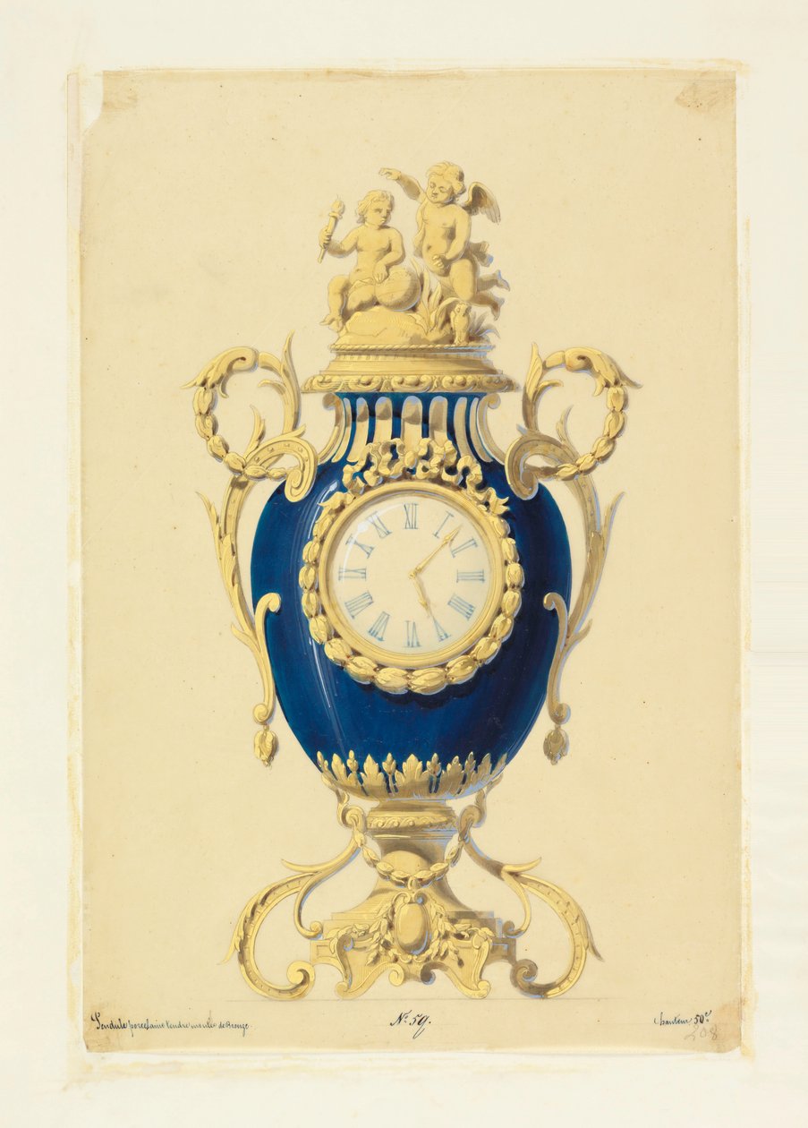 Piirustus, kello posliinissa, n. 1855. tekijältä Unknown artistUnknown artist
