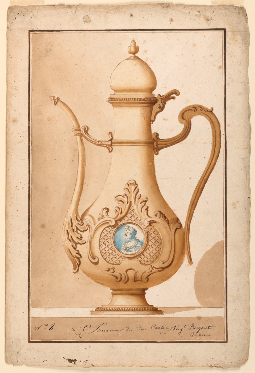 Piirustus, Kahvipannu, jossa emaloitu medaljonki, 1700-1725 tekijältä Unknown artistUnknown artist
