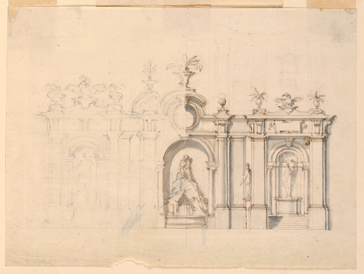 Piirustus, Colonnadi suihkulähteineen, n. 1770. tekijältä Unknown artistUnknown artist