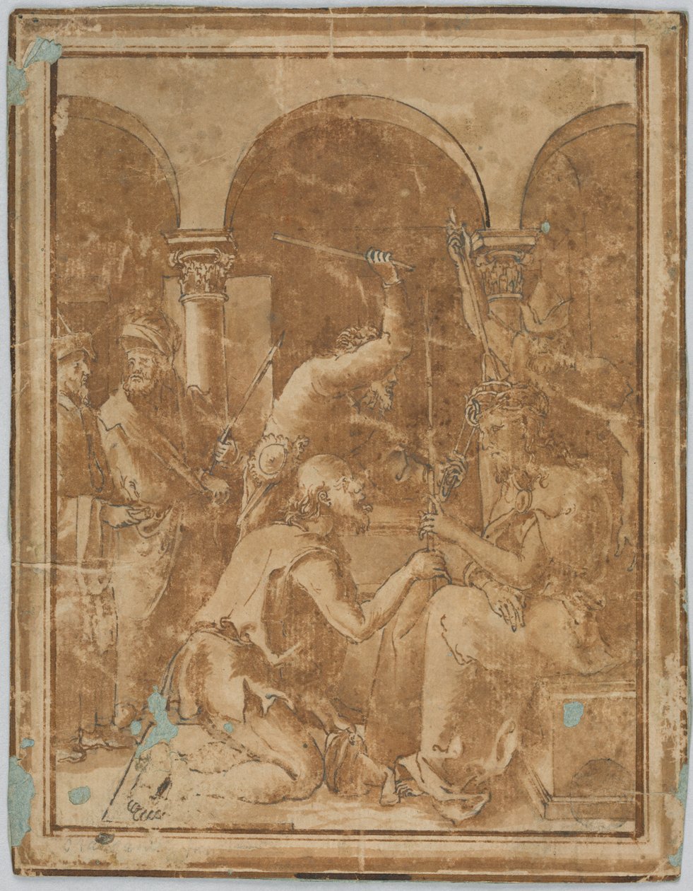 Piirros, kopio Albrecht Durerin piikkikruunauksesta Pienessä passiossa, julkaistu 1511, 1525-1600. tekijältä Unknown artistUnknown artist
