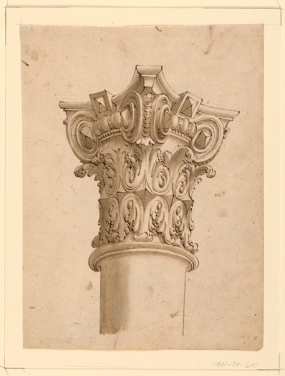 Piirustus, komposiittipääoman kulmanäkymä, 1625-1650 tekijältä Unknown artistUnknown artist